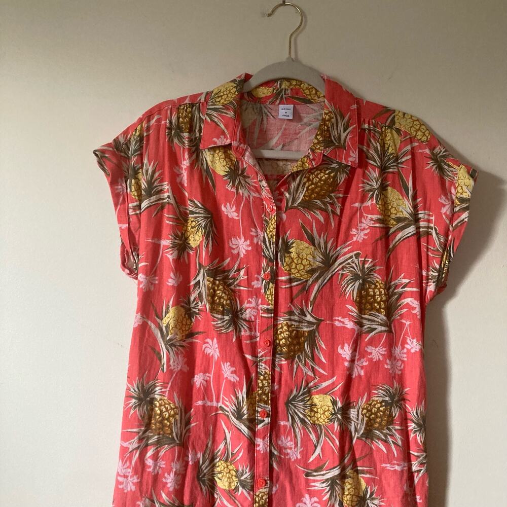 Old Navy Linen Blend Pineapple Tropical Print Shirt Dress Medium Beach Vacay - Picture 4 of 11